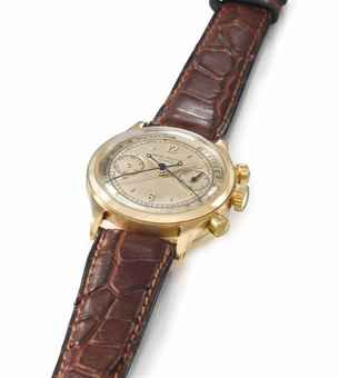 PATEK PHILIPPE. AN EXTREMELY RARE AND IMPORTANT, POSSIBLY UNIQUE, 18K GOLD SPLIT-SECONDS CHRONOGRAPH WRISTWATCH WITH TWO-TONE PULSATION DIAL AND SCREW BACK CASE