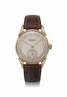 PATEK PHILIPPE. A FINE, RARE AND ATTRACTIVE 18K GOLD WRISTWATCH WITH TWO-TONE SILVERED DIAL AND FANCY LUGS