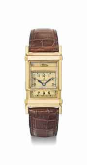 Omega. An early 18K gold square wristwatch with sliding case and hooded lugs
