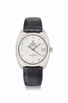 Omega. A rare and attractive 18K white gold and diamond-set automatic wristwatch with sweep centre seconds and date