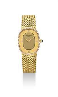 PATEK PHILIPPE. A LADY'S 18K GOLD AND DIAMOND-SET CUSHION-SHAPED BRACELET WATCH
