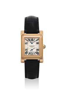 CARTIER. A FINE 18K PINK GOLD RECTANGULAR DUAL TIME WRISTWATCH