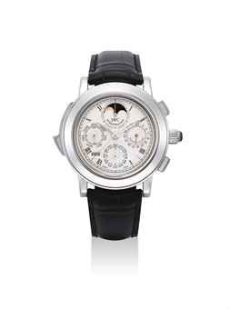 IWC. AN IMPORTANT, VERY RARE AND FINE PLATINUM LIMITED EDITION MINUTE REPEATING PERPETUAL CALENDAR SPLIT SECONDS CHRONOGRAPH TOURBILLON WRISTWATCH WITH MOON PHASES AND DIGIT YEAR DISPLAY, MADE TO COMMEMORATE THE 125TH ANNIVERSARY OF IWC SCHAFFHAUSEN