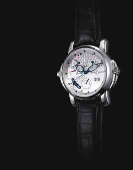 ULYSSE NARDIN. A FINE AND UNUSUAL 18K WHITE GOLD AUTOMATIC DUAL TIME WRISTWATCH WITH SWEEP CENTRE SECONDS, DATE, MUSICAL ALARM AND COUNTDOWN INDICATION