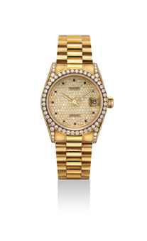 ROLEX. A FINE AND VERY RARE 18K GOLD, DIAMOND AND SAPPHIRE-SET MID-SIZE WRISTWATCH WITH SWEEP CENTRE SECONDS, DATE AND BRACELET