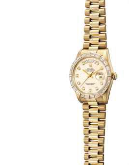 ROLEX. A FINE 18K GOLD AND DIAMOND-SET AUTOMATIC WRISTWATCH WITH SWEEP CENTRE SECONDS, DAY, DATE AND BRACELET