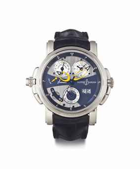 Ulysse Nardin. An Unusual and Large 18k White Gold Automatic Dual Time Wristwatch with Date, Countdown Indicator, and Musical Alarm