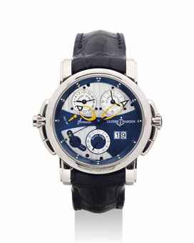 ULYSSE NARDIN. A FINE AND UNUSUAL 18K WHITE GOLD AUTOMATIC DUAL TIME WRISTWATCH WITH SWEEP CENTRE SECONDS, DATE, MUSICAL ALARM AND COUNTDOUWN INDICATION