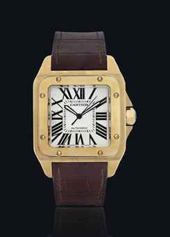 CARTIER. A FINE 18K GOLD SQUARE AUTOMATIC WRISTWATCH WITH SWEEP CENTRE SECONDS, MADE TO COMMEMORATE THE 100TH ANNIVERSARY OF THE SANTOS MODEL