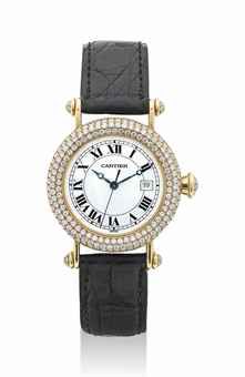 CARTIER. A LADY'S FINE 18K GOLD AND DIAMOND-SET WRISTWATCH WITH SWEEP CENTRE SECONDS AND DATE