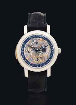 PATEK PHILIPPE. AN EXCEPTIONAL AND VERY RARE PLATINUM AND 18K PINK GOLD AUTOMATIC SEMI-SKELETONISED MINUTE REPEATING PERPETUAL CALENDAR WRISTWATCH WITH RETROGRADE DATE, DAY, MONTH, MOON PHASES AND LEAP YEAR INDICATION WITH ORIGINAL CERTIFICATE AND BOX