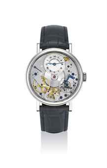 BREGUET. A FINE 18K WHITE GOLD AUTOMATIC SEMI-SKELETONISED WRISTWATCH WITH POWER RESERVE