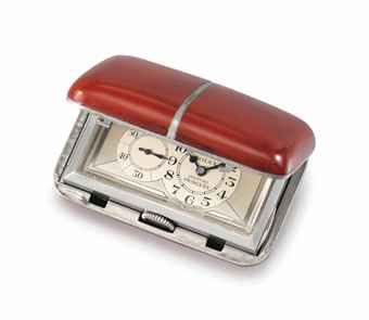 Rolex. A very rare rhodium plated and red lacquer purse watch with two-tone silvered dial