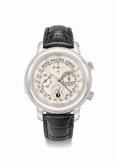 Patek Philippe. An extremely fine and rare platinum double-dial wristwatch with twelve complications including cathedral minute repeater, tourbillon, perpetual calendar, retrograde date, moon age and angular motion, sidereal time and sky chart, with Certi