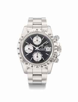 Tudor. A stainless steel automatic chronograph wristwatch with date, bracelet, black dial, Guarantee and box