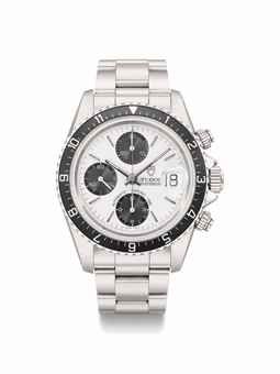 Tudor. A rare stainless steel automatic chronograph wristwatch with date, bracelet, bezel calibrated for 12 hours, guarantee and box