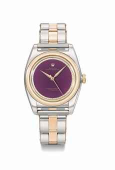 Rolex. A very rare and attractive stainless steel and pink gold automatic sweep seconds bubble back wristwatch with purple dial and bracelet