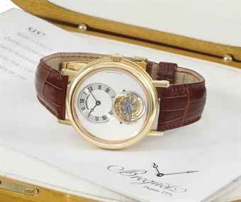 Breguet. A fine 18K gold tourbillon wristwatch with certificate of origin and box