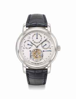 Vacheron Constantin. An extremely fine, rare and highly complicated platinum limited edition perpetual calendar wristwatch with four barrels movement, 250 hours power reserve, tourbillon, Certificate and box