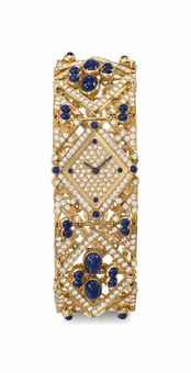 Patek Philippe. A very fine, attractive and possibly unique 18K gold, sapphire and diamond-set bracelet watch