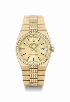 Rolex. An unusual 18K gold calendar wristwatch with sweep centre seconds, gilt dial and bracelet