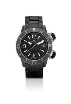 JAEGER-LECOULTRE. A VERY RARE BLACK PVD-COATED TITANIUM LIMITED EDITION AUTOMATIC WRISTWATCH WITH SWEEP CENTRE SECONDS, ALARM, DATE AND BRACELET