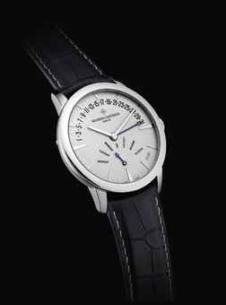 VACHERON CONSTANTIN. A FINE AND RARE PLATINUM LIMITED EDITION AUTOMATIC BI-RETROGRADE WRISTWATCH WITH DAY, DATE AND PLATINUM DIAL