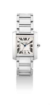 CARTIER. A FINE 18K WHITE GOLD AUTOMATIC SQUARE WRISTWATCH WITH BRACELET, SWEEP CENTRE SECONDS AND DATE