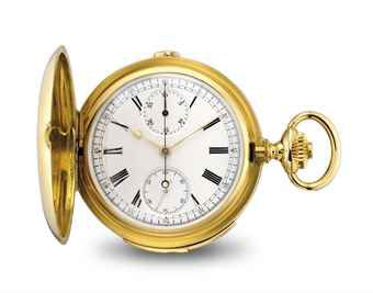 UTI. AN 18K GOLD HUNTER CASE MINUTE REPEATING CHRONOGRAPH KEYLESS LEVER WATCH