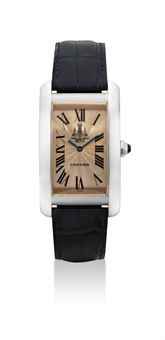 CARTIER. A FINE AND VERY RARE PLATINUM LIMITED EDITION RECTANGULAR WRISTWATCH WITH THAI ROYAL CREST AND ORIGINAL CERTIFICATE