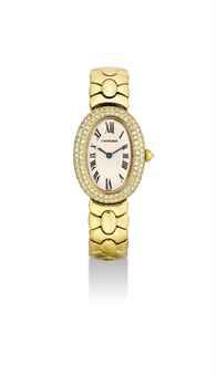 CARTIER. A LADY'S 18K GOLD AND DIAMOND-SET OVAL WRISTWATCH WITH BRACELET