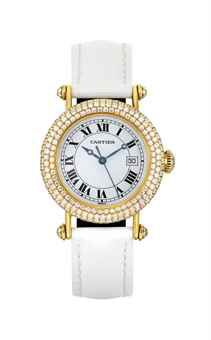 CARTIER. A LADY'S 18K GOLD AND DIAMOND-SET QUARTZ WRISTWATCH WITH SWEEP CENTRE SECONDS AND DATE