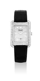 PIAGET. A FINE 18K WHITE GOLD AND DIAMOND-SET RECTANGULAR AUTOMATIC WRISTWATCH WITH SWEEP CENTRE SECONDS AND DATE