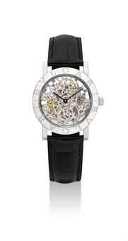 BULGARI. AN 18K WHITE GOLD AUTOMATIC SKELETONISED WRISTWATCH