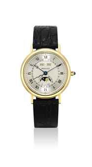 BREGUET. A FINE 18K GOLD AUTOMATIC TRIPLE CALENDAR WRISTWATCH WITH MOON PHASES