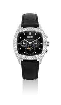 PATEK PHILIPPE. A VERY FINE, EXTREMELY RARE AND POSSIBLY UNIQUE PLATINUM AND DIAMOND-SET CUSHION-SHAPED PERPETUAL CALENDAR CHRONOGRAPH WRISTWATCH WITH MOON PHASES, 24 HOUR AND LEAP YEAR INDICATION, BLACK DIAL, ORIGINAL CERTIFICATE AND BOX
