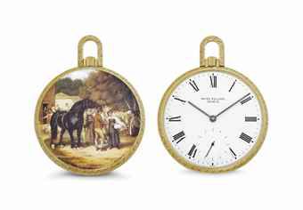 Patek Philippe. A Unique and Very Fine 18k Gold Openface Keyless Lever Watch with Enamel Miniature after J. L. Agasse by G. Menni with Original Certificate of Origin