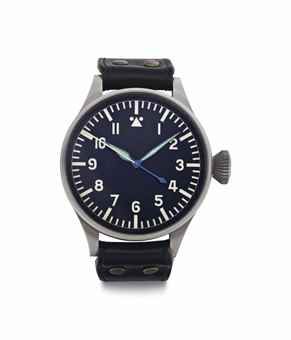 IWC. An Extremely Rare Stainless Steel Oversized Pilot's Wristwatch with Black Dial, Indirect Center Seconds, and Hack Feature, Made for the German Air Force, Accompanied with a Wrist Compass
