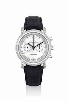 VACHERON CONSTANTIN. A VERY FINE AND RARE 18K WHITE GOLD AND DIAMOND-SET CHRONOGRAPH WRISTWATCH