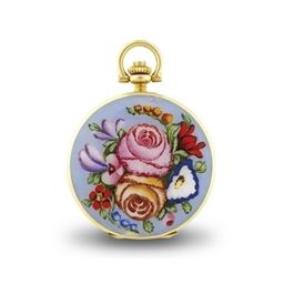 COMOR. AN 18K GOLD AND ENAMEL HUNTER CASE KEYLESS LEVER POCKET WATCH