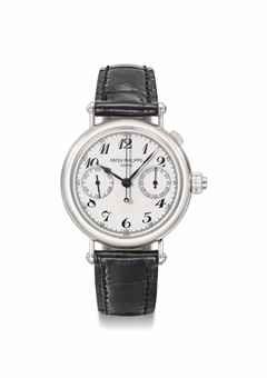 Patek Philippe. A very fine and rare platinum split second chronograph wristwatch with Breguet numerals, original certificate and box