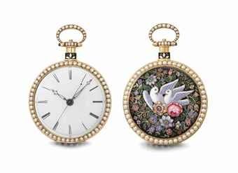 Just Son. An extremely fine, rare and decorative 18K gold, enamel and pearl-set openface centre seconds duplex watch, made for the Chinese market