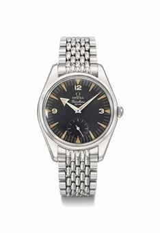 Omega. A stainless steel wristwatch with black dial and bracelet, made for the United States Air Force