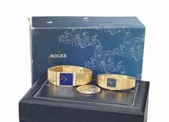 Rolex. A fine and attractive 18K gold and diamond-set wristwatch with bracelet and lapis lazuli dial