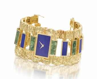 Piaget. A very unusual and attractive 18K gold, lapis lazuli and jadeite bracelet watch