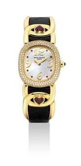 PATEK PHILIPPE. A LADY ’ S 18K GOLD, DIAMOND AND RUBY-SET OVAL WRISTWATCH WITH MOTHER-OF-PEARL DIAL