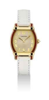 CARTIER. A LADY ’ S 18K GOLD AND ENAMEL TONNEAU-SHAPED WRISTWATCH