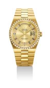 ROLEX. A FINE 18K GOLD AND DIAMOND-SET WRISTWATCH WITH SWEEP CENTRE SECONDS, DAY, DATE AND BRACELET