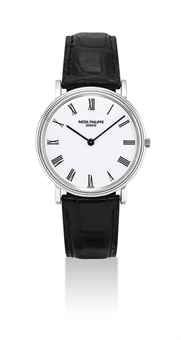 PATEK PHILIPPE. AN 18K WHITE GOLD WRISTWATCH WITH WHITE LACQUERED DIAL