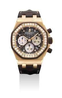 AUDEMARS PIGUET. A LADY’S FINE AND VERY RARE 18K PINK GOLD AND DIAMOND-SET LIMITED EDITION AUTOMATIC CHRONOGRAPH WRISTWATCH WITH DATE AND MOTHER-OF-PEARL DIAL, MADE TO COMMEMORATE THE OPENING OF THE AUDEMARS PIGUET DON RAMON DE LA CRUZ BOUTIQUE